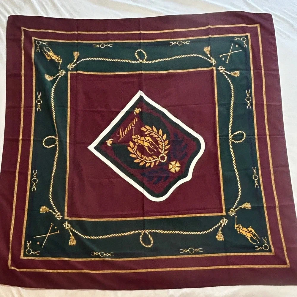 Vintage Lauren Ralph Lauren Equestrian Crest Scarf Burgundy 47x47